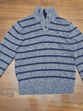 IZOD Boy's Navy and White Striped Half-button Sweater